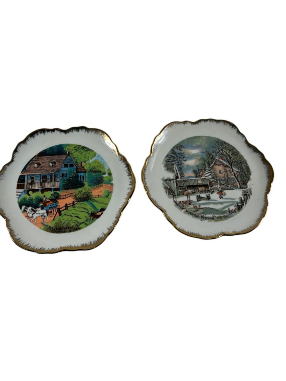 Vtg Currier & Ives Golden Apricot Set 2 Ceramic Collector Plates Homestead Scene